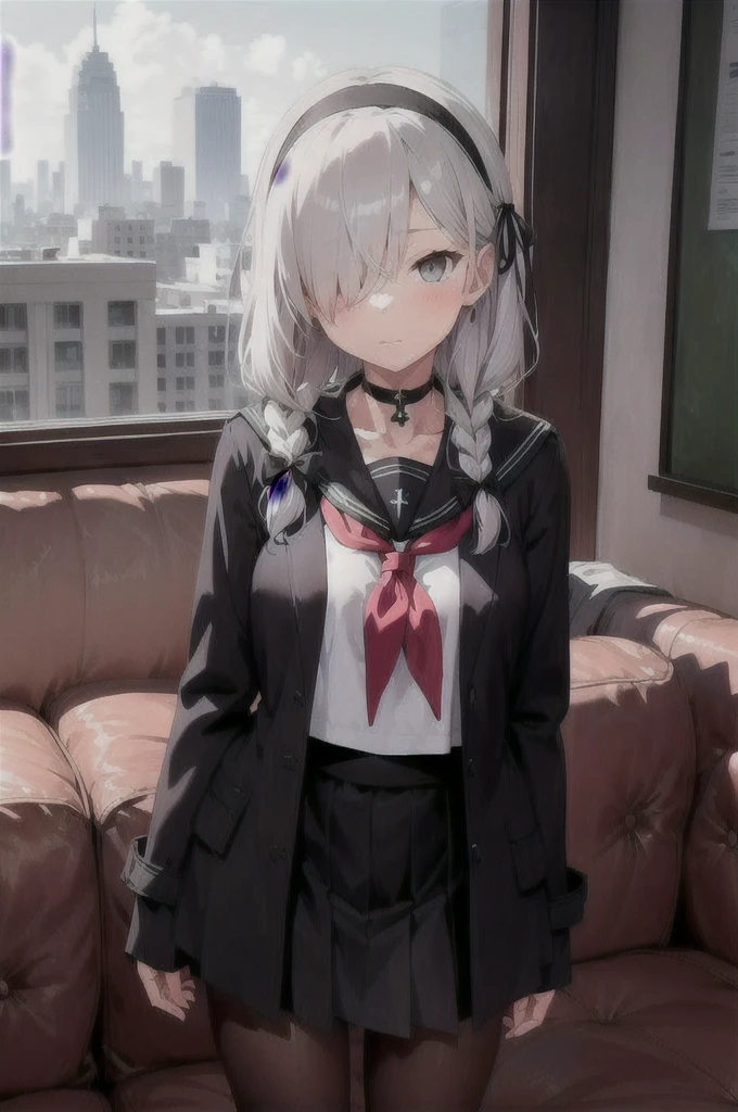 city background, arms behind back, 1girl, solo, halo, pantyhose, long hair, skirt, braid, hair over one eye, hairband, neckerchief, choker, white hair, standing, sailor collar, , black choker, long sleeves, looking at viewer, black hairband, shirt, black pantyhose, pleated skirt, black skirt, open clothes, bangs, black serafuku, closed mouth, black shirt, collarbone, black sailor collar, white neckerchief, couch, single braid, coat, grey eyes, hair ribbon, black coat, ribbon, open coat, white shirt, side braid