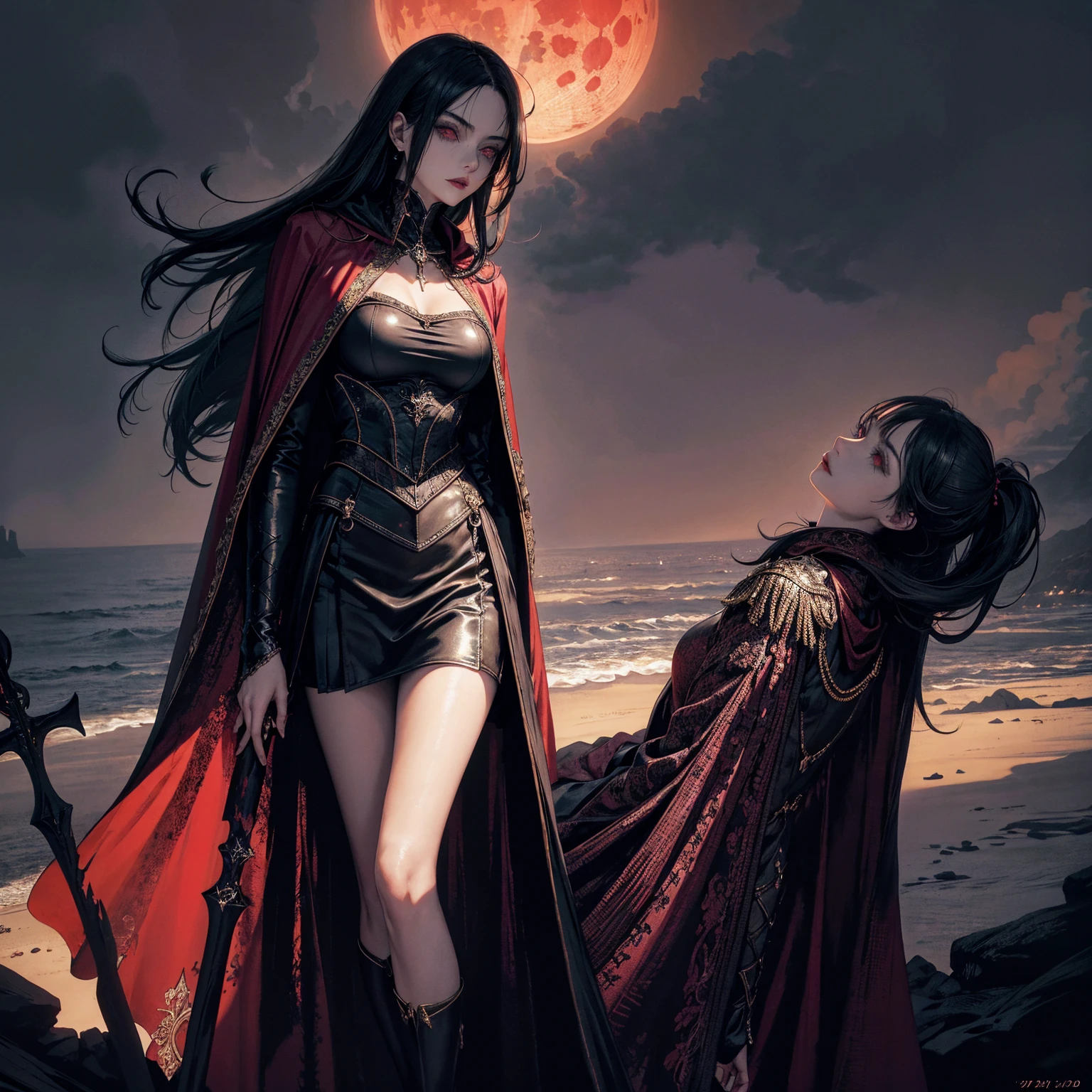 best quality, 4k, high resolution, masterpiece:1.2, Very detailed, actual:1.37, Mood lighting, Girl in a long cape, Wearing a reflective latex skirt that shows a little skin above the chest, Dangerous sneer, Black Hair, Standing, Face facing the camera, Crucified, Pitch black sky, Blood-red moon, strange atmosphere, Gothic style, Unforgettable beauty, Dramatic shadows, Ethereal Light, Mysterious atmosphere.