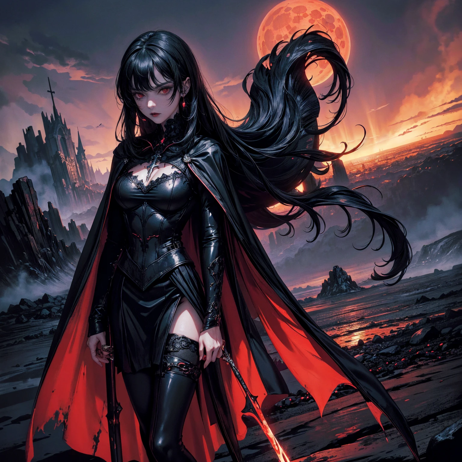 best quality, 4k, high resolution, masterpiece:1.2, Very detailed, actual:1.37, Mood lighting, Girl in a long cape, Wearing a reflective latex skirt that shows a little skin above the chest, Dangerous sneer, Black Hair, Standing, Face facing the camera, Crucified, Pitch black sky, Blood-red moon, strange atmosphere, Gothic style, Unforgettable beauty, Dramatic shadows, Ethereal Light, Mysterious atmosphere.