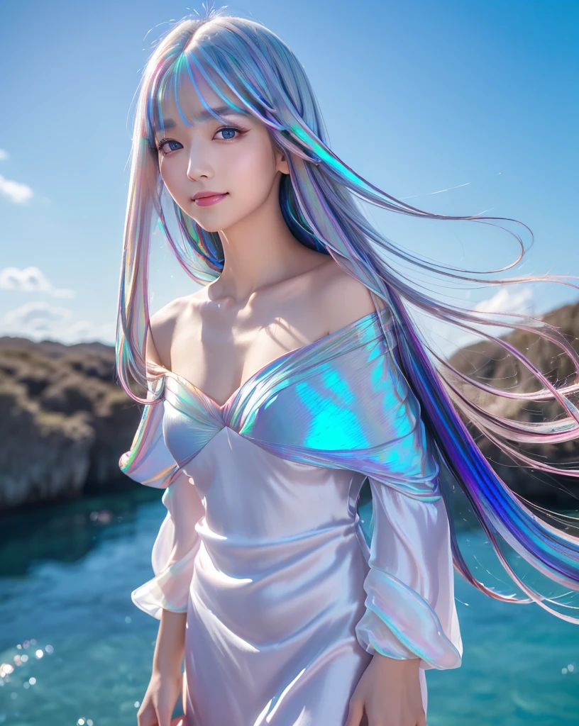 (Highest quality, 32k, High resolution, Masterpiece:1.5), marimo_jet, god々A photograph with brilliant dazzling and healing power., Evoking a sense of calm and elusive beauty, Expressing emotions, Have a rich imagination,Beautiful Japanese Girls, An exceptionally beautiful face, ((slouch:1.3)), Small Face Beauty, Perfect Human Anatomy, Magical big eyes, Motherhood and generosity, Deep Love, fleeting smile, ((Iridescent gradient hair:1.4)), ((Super Long Straight Silk Hair:1.3)), Asymmetrical bangs, Hair between the eyes, Transparent, soft white skin, Sharp eyebrows, Thin lashes, Natural Makeup, Cheek highlighter, Pale pink detailed lips, ((Blue Off Shoulder Dress:1.3)), High resolutionの完璧な鎖骨, High resolutionの美しい胸元, Slim figure with ample breasts, High resolutionの美しい太もも, ((Detailed blue sky background:1.2)), Professional Lighting, Professional photographer, Professional models, god秘的