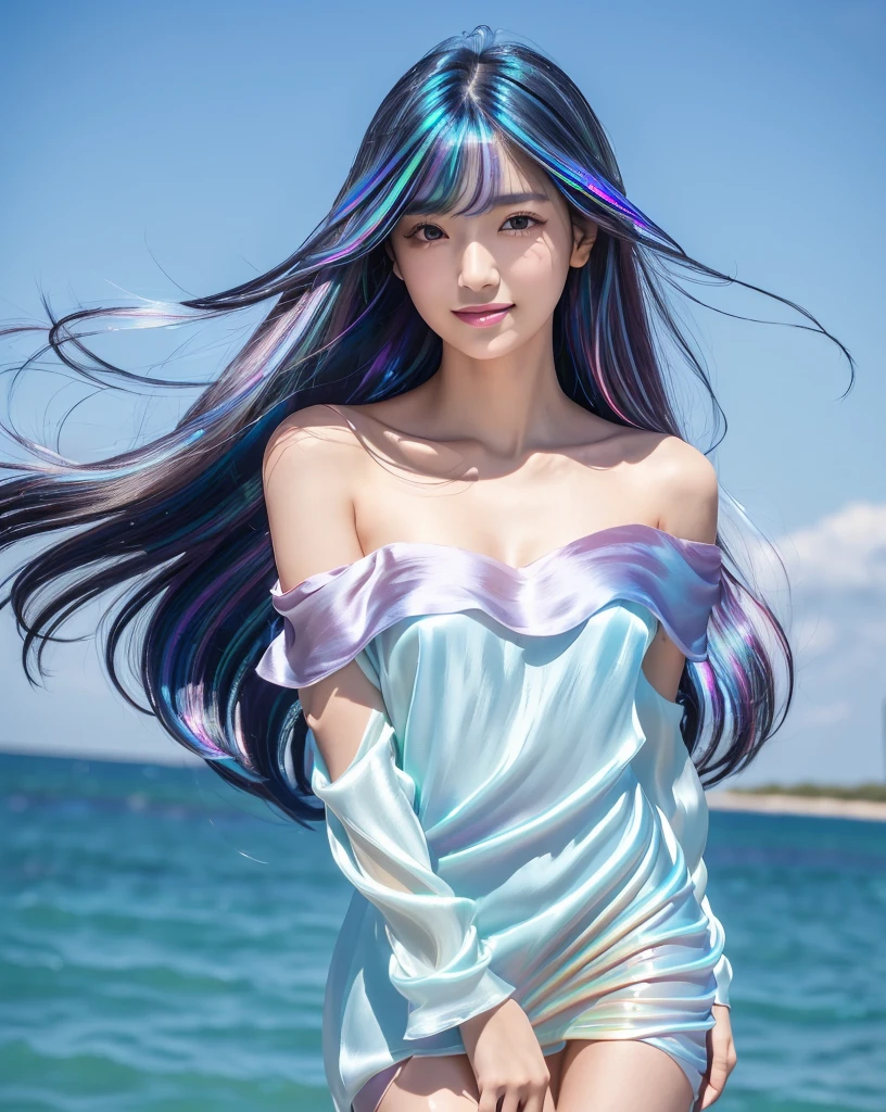 (Highest quality, 32k, High resolution, Masterpiece:1.5), marimo_jet, god々A photograph with brilliant dazzling and healing power., Evoking a sense of calm and elusive beauty, Expressing emotions, Have a rich imagination,Beautiful Japanese Girls, An exceptionally beautiful face, ((slouch:1.3)), Small Face Beauty, Perfect Human Anatomy, Magical big eyes, Motherhood and generosity, Deep Love, fleeting smile, ((Iridescent gradient hair:1.4)), ((Super Long Straight Silk Hair:1.3)), Asymmetrical bangs, Hair between the eyes, Transparent, soft white skin, Sharp eyebrows, Thin lashes, Natural Makeup, Cheek highlighter, Pale pink detailed lips, ((Blue Off Shoulder Dress:1.3)), High resolutionの完璧な鎖骨, High resolutionの美しい胸元, Slim figure with ample breasts, High resolutionの美しい太もも, ((Detailed blue sky background:1.2)), Professional Lighting, Professional photographer, Professional models, god秘的