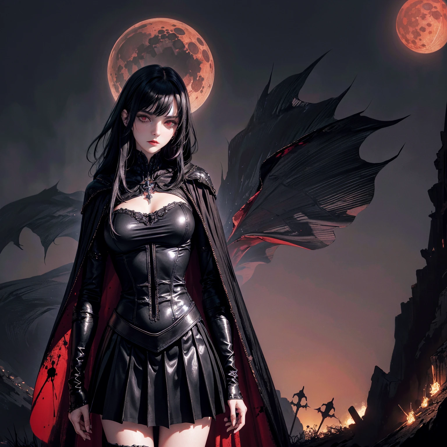 best quality, 4k, high resolution, masterpiece:1.2, Very detailed, actual:1.37, Mood lighting, Girl in a long cape, Wearing a reflective latex skirt that shows a little skin above the chest, Dangerous sneer, Black Hair, Standing, Face facing the camera, Crucified, Pitch black sky, Blood-red moon, strange atmosphere, Gothic style, Unforgettable beauty, Dramatic shadows, Ethereal Light, Mysterious atmosphere.