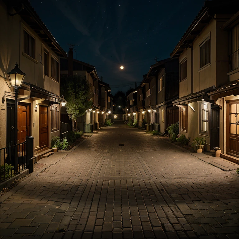 Residential street on a clear night with regular rows of street lights.. All houses are fenced and the courtyards of the houses are not visible.. Three naked high school students run between the first and second lamp posts. An inclined shadow from the first lantern and an inclined shadow from the second lantern simultaneously appear under their feet...