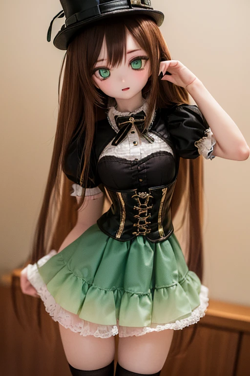 (SFW:2), photorealistic, realistic photo, 8k, ((highest quality)), ((masterpiece)), (extremely detailed), kukolnydom, doll, (mature woman, 21yo, 21 years old, solo:1.6), ((cowboy shot, dynamic pose, slim, slender, skinny, medium breasts, bowler hat, frilled shirt, puffy sleeves, corset, tiered pannier skirt, thigh-high socks)), (green eyes, brown hair, long hair, plastic skin, looking at another, glass eyes, gradient eyes, shining eyes, detailed eyes:1.3)