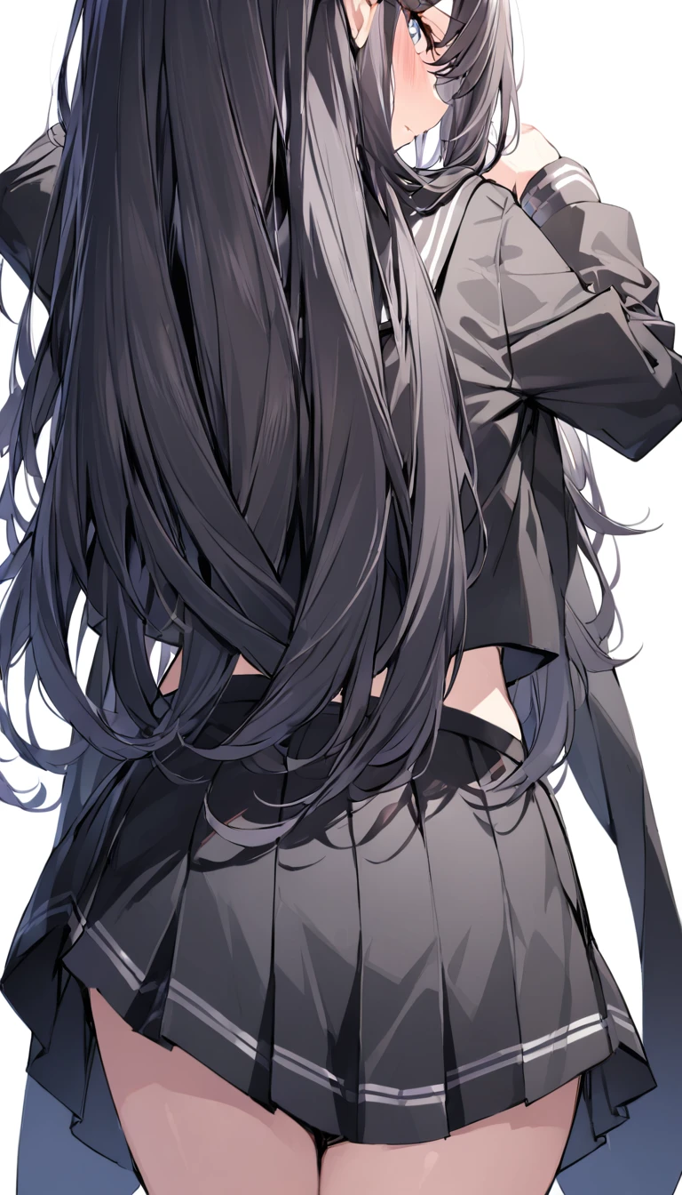 Ichika nakasama、1 solo girl, back view, mature , black sailor uniform, long black hair, white background