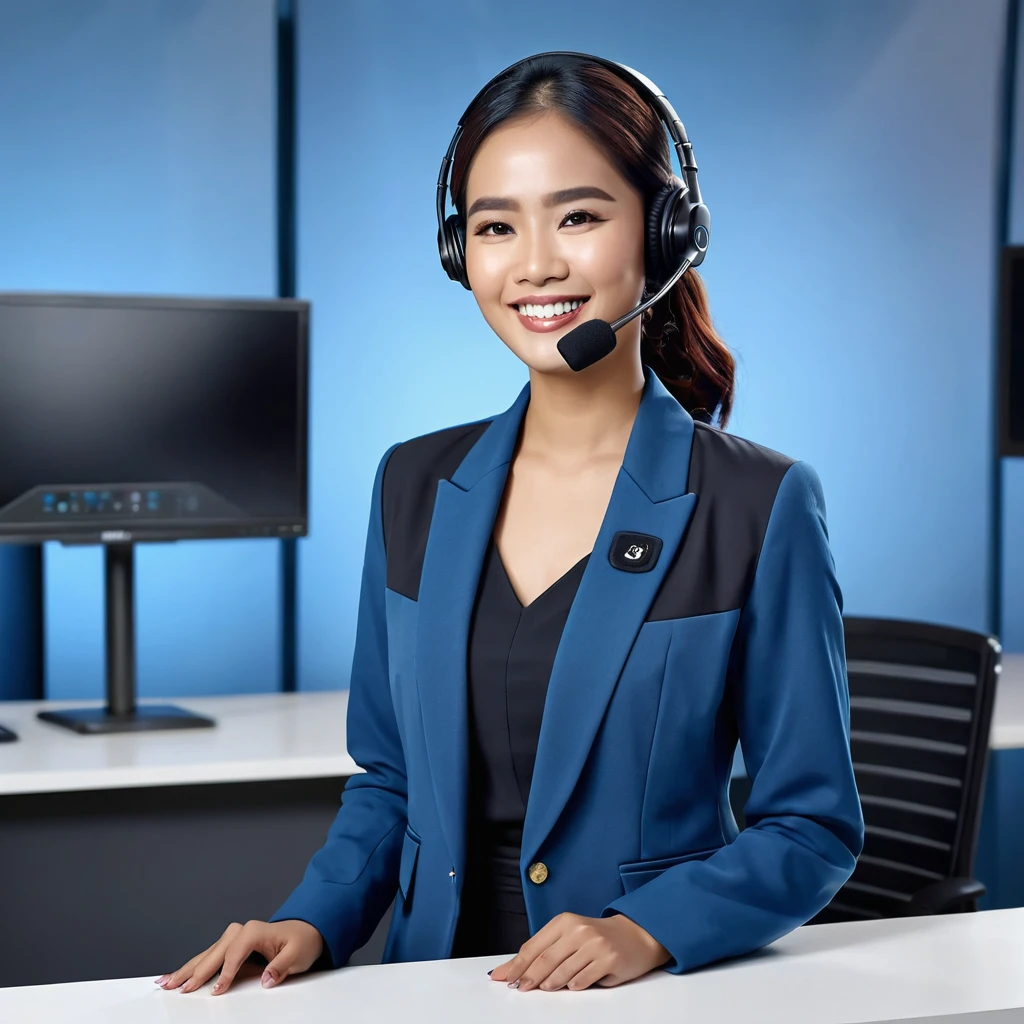 Photography image of an Indonesian female customer service person wearing a black wireless mic, wearing a blue long jacket. Radiant face, smile, charismatic. Background view in a spacious studio, several monitor screens. Realistic, ultra hd 24k, stand full body view.