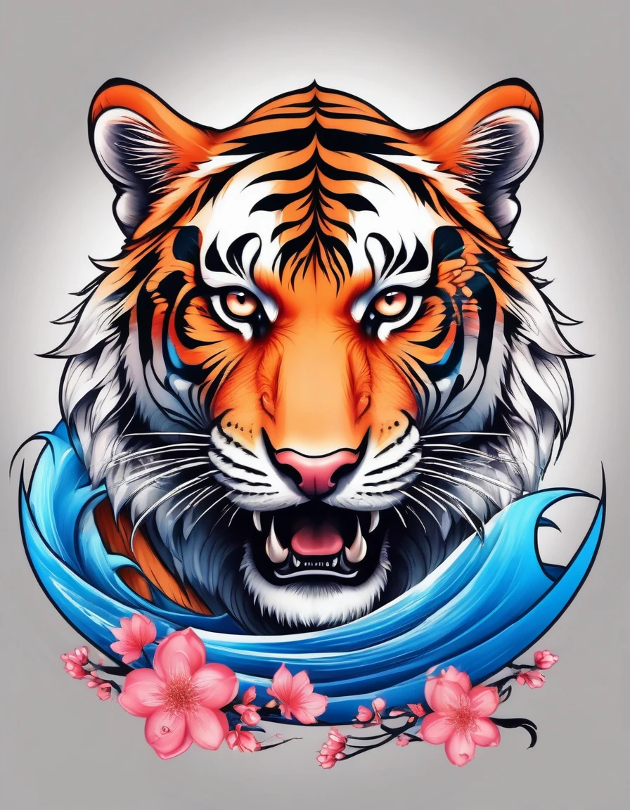 realistic tattoo art of Orange tiger with (((Blue eyes))) with pink sakura petal effect ,he is with open mouth looking very fierce and angry, the background is Japanese wave tattoo, (Unity 16K Wallpaper, masterpiece, Best Quality, high quality, Ultra-detailed, extremely details), a tattoo design, realistic tattoo art of Orange tiger with (((Blue eyes))) with pink sakura petal effect ,he is with open mouth looking very fierce and angry, the background is Japanese wave tattoo, upper arm tattoo,
