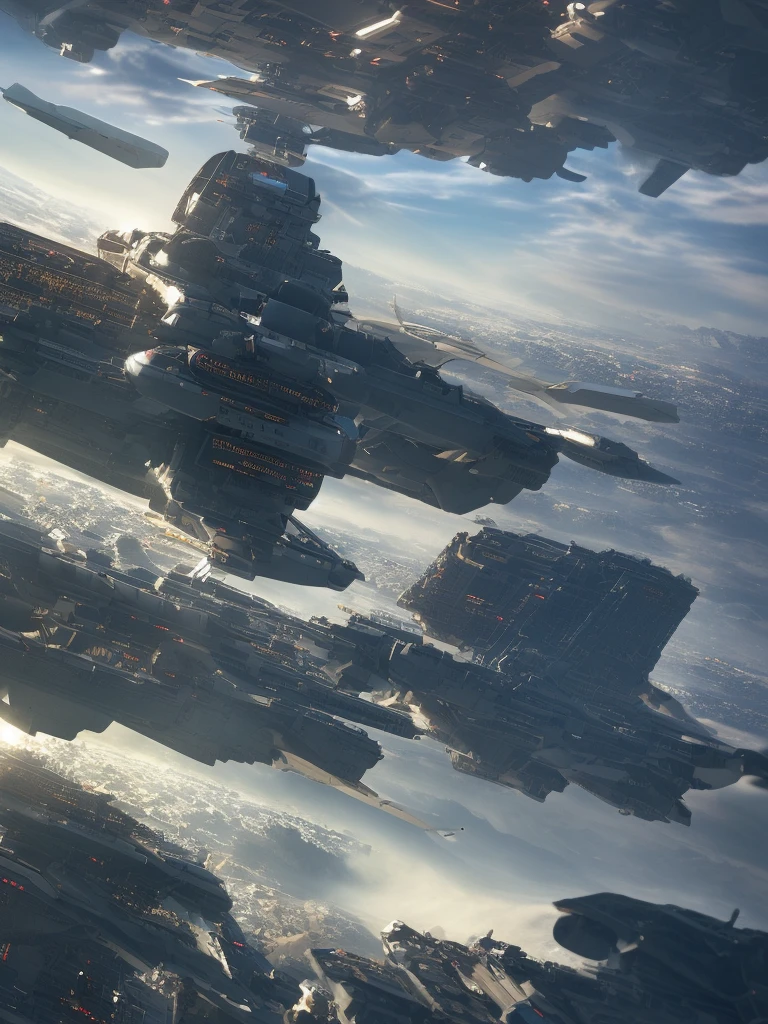 (high quality，Masterpiece，Octane Rendering，Ray Tracing，Extremely detailed，3d，8k:1.2) ，Future City，Surreal，Battleship flying over the sky