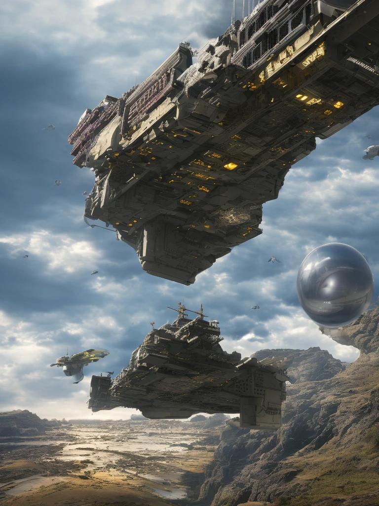 (high quality，Masterpiece，Octane Rendering，Ray Tracing，Extremely detailed，3d，8k:1.2) ，Future City，Surreal，Battleship flying over the sky