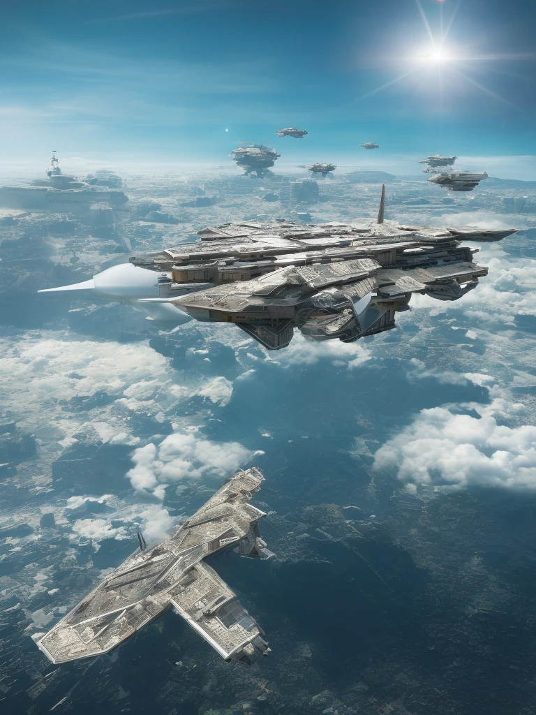 (high quality,Masterpiece,Octane Rendering,Ray Tracing,Extremely detailed,3d,8k:1.2) ,Future City,Surreal,Battleship flying over the sky