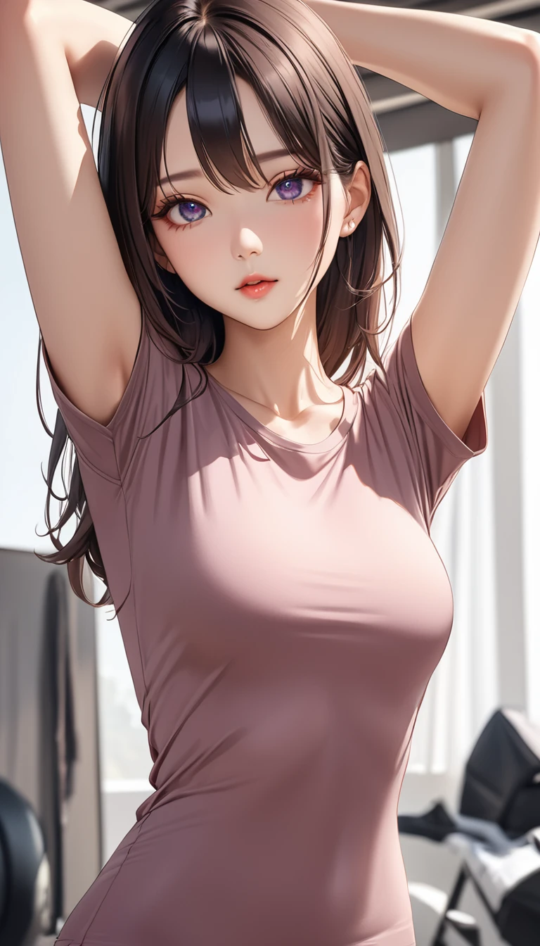 masterpiece, high resolution, beautiful woman, Korean Beauty, 30 years old, tight T-shirt, skinny, beautiful woman, (high resolution face), (high resolution eyes)