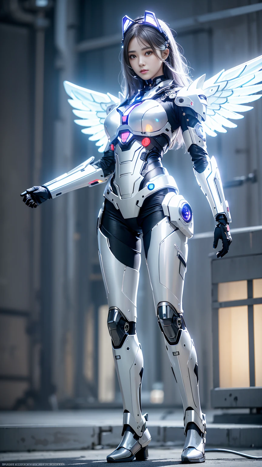 Highest quality、masterpiece、Ultra-high resolution、(Photorealistic:1.4)、RAW Photos、Cyborg Angel、Large metal wings、White porcelain body、Gray Hair、Glowing Skin、1 Cyborg Girl、((Ultra-Realistic Details))、Portrait、Global Illumination、Shadow、Octane Rendering、8k、Super sharp、Character edge light,Intricate decorative details、Detailed hydraulic cylinder from Sumer、Small LED Lamp、Very intricate details、Realistic Light、Purple eyes、Eyes shining at the camera、((Full body photo)),ネオンのディテールで撮Shadowされたボディ,White Background,Futuristic headgear、About Cyberpunk、、