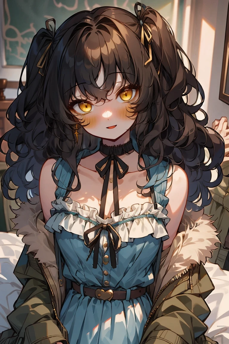 (masterpiece:1.2), (high quality:1.2), solo focus, girls with(((medium wavy hair, hair ribbon, one side up:1.54), black hair, bare shoulders, medium breasts, breasts, choker, cleavage, collar, collarbone, cowboy shot, dress, see-through sleeves, neck ribbon, blue clothes, frills shirt, fur, fur collar, fur trim, hooded jacket, hoodie, khaki jacket, green jacket, jacket, large breasts, long sleeves, belt, suspenders, open clothes, open hoodie, solo, winter clothes, zipper, upper body, hand up, waving, palm)), background with ((bedroom, room:2.0))
