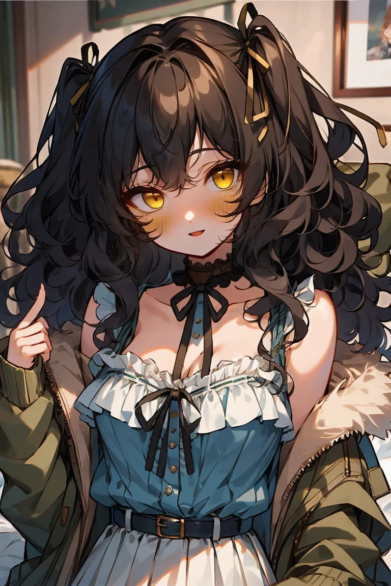 (masterpiece:1.2), (high quality:1.2), solo focus, girls with(((medium wavy hair, hair ribbon, one side up:1.54), black hair, bare shoulders, medium breasts, breasts, choker, cleavage, collar, collarbone, cowboy shot, dress, see-through sleeves, neck ribbon, blue clothes, frills shirt, fur, fur collar, fur trim, hooded jacket, hoodie, khaki jacket, green jacket, jacket, large breasts, long sleeves, belt, suspenders, open clothes, open hoodie, solo, winter clothes, zipper, upper body, hand up, waving, palm)), background with ((bedroom, room:2.0))