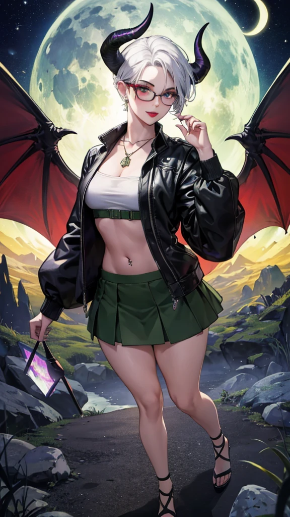 8k, masterpiece, best quality, highly detailed, 1 girl, tiefling, warlock, multicolored hair, very short straight hair green highlight hair on white hair, strippled hair, wearing glasses, round glasses, earrings, navel piercing, miniskirt, red eyeshadow, long eyelashes, blushed cheek, red lips, necklace, rings, collarbone, mole, glamorous, olive green clothing, smirk, fullbody view, rings, looking at viewer, demon horns, solo, nightmarish landscape, blue pale moon, standing, cosmic horror, decaying.