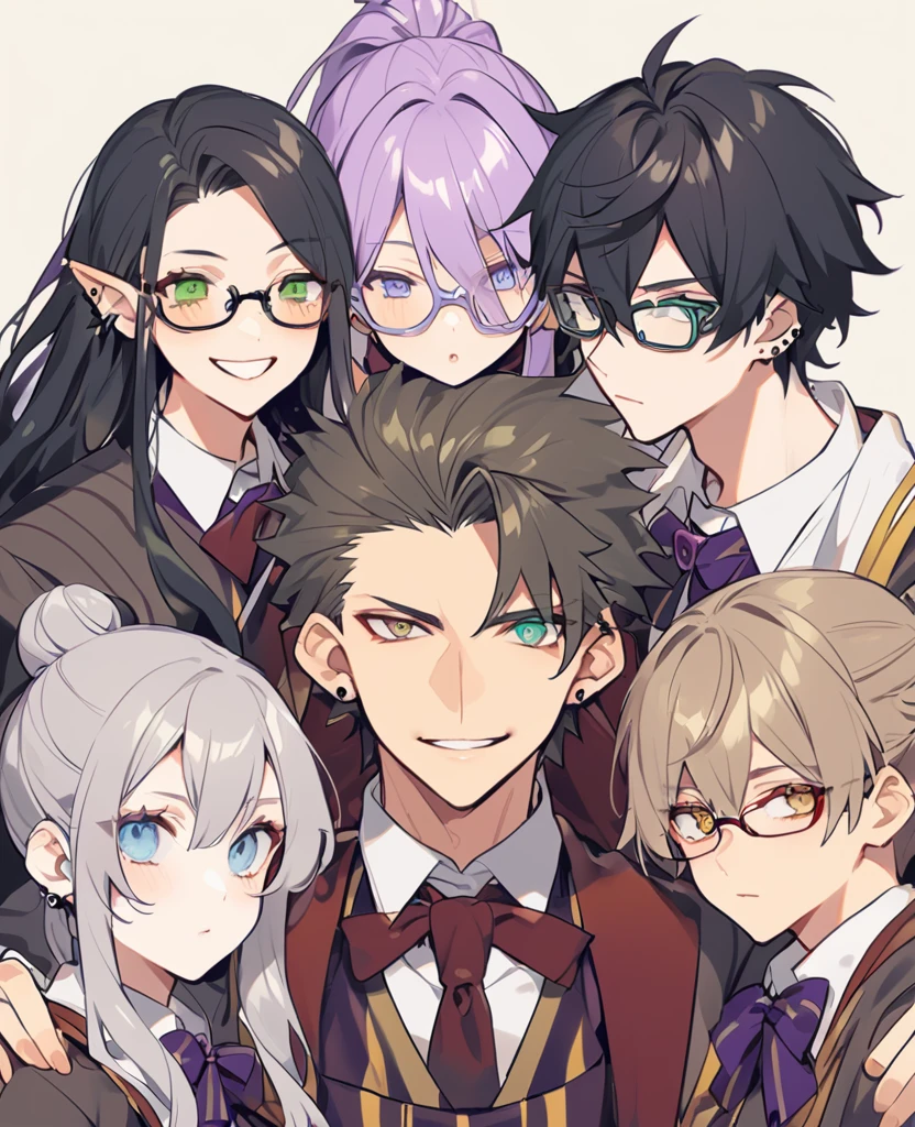 (Female,5'5,glasses ,pierced ears,light skin,grey eyes,purple long hair in a high ponytail ,hogwards uniform) and (Male,5'4,pierced ears,light skin,blue eyes, white long hair half up half down,hogwards uniform) and (Male,5'8,glasses,light skin,green eyes,messy black hair,hogwards uniform) and (Female,5'6,pierced ears,light skin,hazel eyes,red long hair in a messy bun ,hogwards uniform)