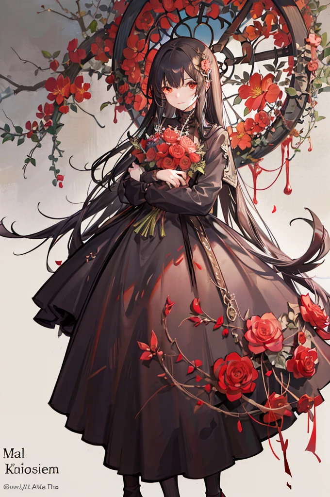 a girl hug a big skeleton, There are red flowers growing on the skeleton, red flower, gore, illustration, dark, blood, 25 year old,