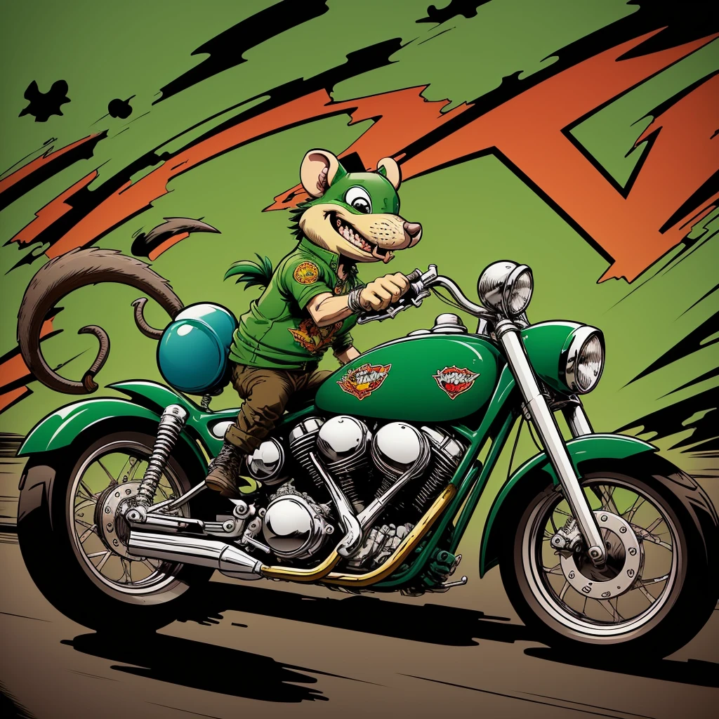 cartoon of a rat riding a motorcycle, by Ed Roth, rat fink style, ratfink, frank kozik
