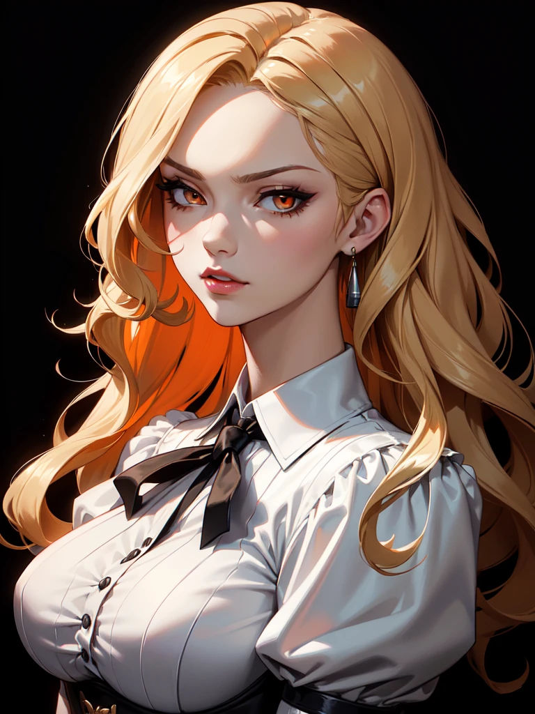 (((Portrait Photo))), She has a Strong, Seductive 21-Years-Old Appearance, with a Tall, an Elegant Build, and a Sophisticated Demeanor. She has Long, Light Blonde Hair, Styled in Loose Waves, with Strands Falling Around Her Face. Her Sharp, Orange Eyes Express a Confident and Intense Look, Giving Off a Regal and Powerful Attitude. She Wears a High-Collared, White Blouse with Ruffled Details, Paired with a Black Corset that Cinches Her Waist, Completed with a Black High-Waisted Trousers. (((High Quality, Dark Background))), (((Portrait Photo)))