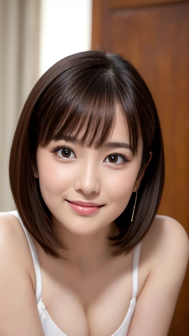 (masterpiece)、(Highest quality:1.5)、(Photorealistic:1.2)、(Surreal), (High resolution), (Realistic), (Post-processing),(Sharp focus), Sharp focus:1.2,Backlight, (Improvement of quality:1.4), (Narrow waist)、((Perfectly detailed five-fingered hands)),(Anatomically correct body)、((1 female:1.4))、Japanese、Realistic Skin、(Small chest:1.4)、Bust size is A cup、Pretty woman with perfect figure:1.4,(from the front:1.5), (Enhances the beauty of skin texture:1.1),No makeup、美しいBlack Hair、smile、Natural color lip、(Small Mouth:1.4)、The mouth is not open、Thick lips、(Oval Face)、Even bangs、Hide eyebrows with bangs、((33-year-old woman))、Bob Hair、Hair blowing in the wind, (Black Hair, Iris, Watery eyes, Shining Eyes, Bob Cut Hair, Small earrings,), Hair behind the ear、No makeup、(Drooping eyes)、(((One lovely woman)),((優しい大きなsmile)),(( Small breasts,Small breastsの谷間)),((((Plump Cheeks)))),very cute,(Baby Face),Raccoon face、