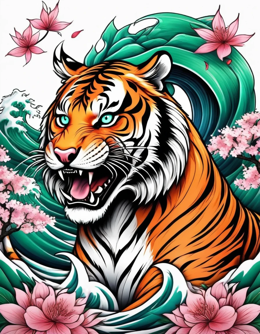 realistic tattoo art of Orange tiger fighting with green Japanese dragon ((Blue eyes)) with pink sakura petal effect ,he is with open mouth looking very fierce and angry, the background is Japanese wave tattoo, (Unity 16K Wallpaper, masterpiece, Best Quality, high quality, Ultra-detailed, extremely details), realistic tattoo art of Orange tiger fighting with green Japanese dragon (((Blue eyes))) with pink sakura petal effect ,he is with open mouth looking very fierce and angry, the background is Japanese wave tattoo, (((Traditional Japanese tattoo))),