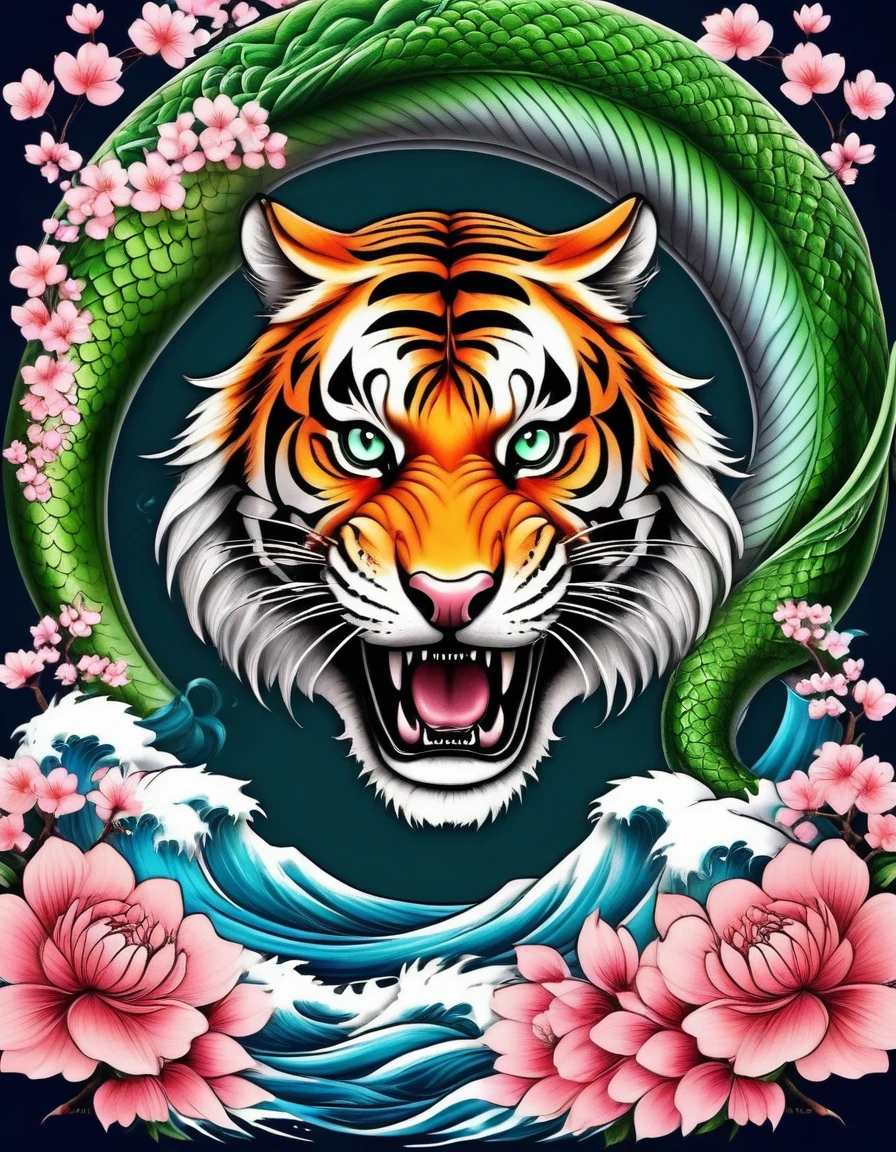 realistic tattoo art of Orange tiger fighting with green Japanese dragon ((Blue eyes)) with pink sakura petal effect ,he is with open mouth looking very fierce and angry, the background is Japanese wave tattoo, (Unity 16K Wallpaper, masterpiece, Best Quality, high quality, Ultra-detailed, extremely details), realistic tattoo art of Orange tiger fighting with green Japanese dragon (((Blue eyes))) with pink sakura petal effect ,he is with open mouth looking very fierce and angry, the background is Japanese wave tattoo, (((Traditional Japanese tattoo))),