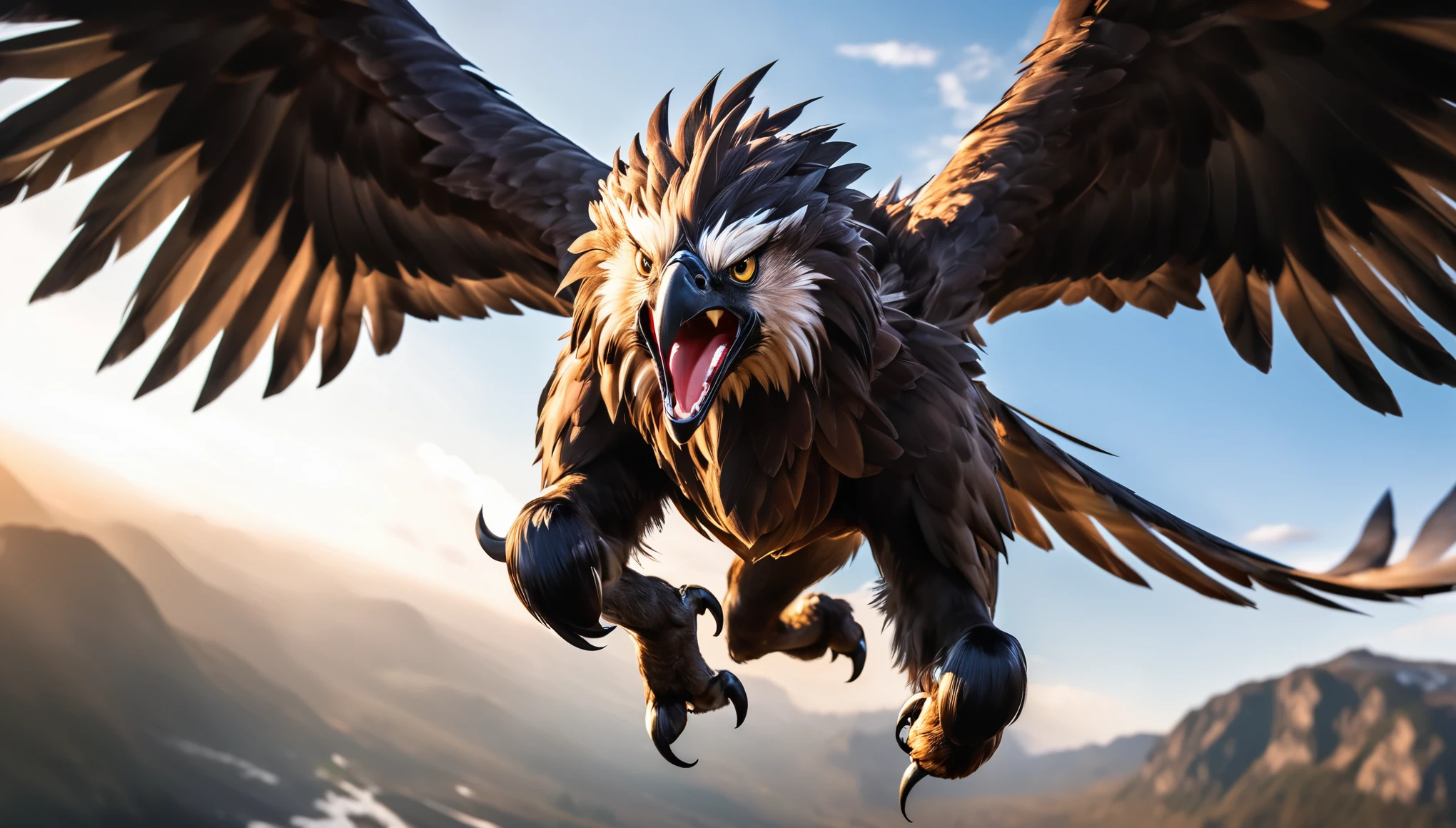 Realistic photos, RAW Photos, Griffon, attacks viewer, Powerful movements, jump on prey, ((Dynamic jump)), Sharp Claws, Griffon approaching from above, sudden approach, Bad-tempered, dynamic Shot from grand