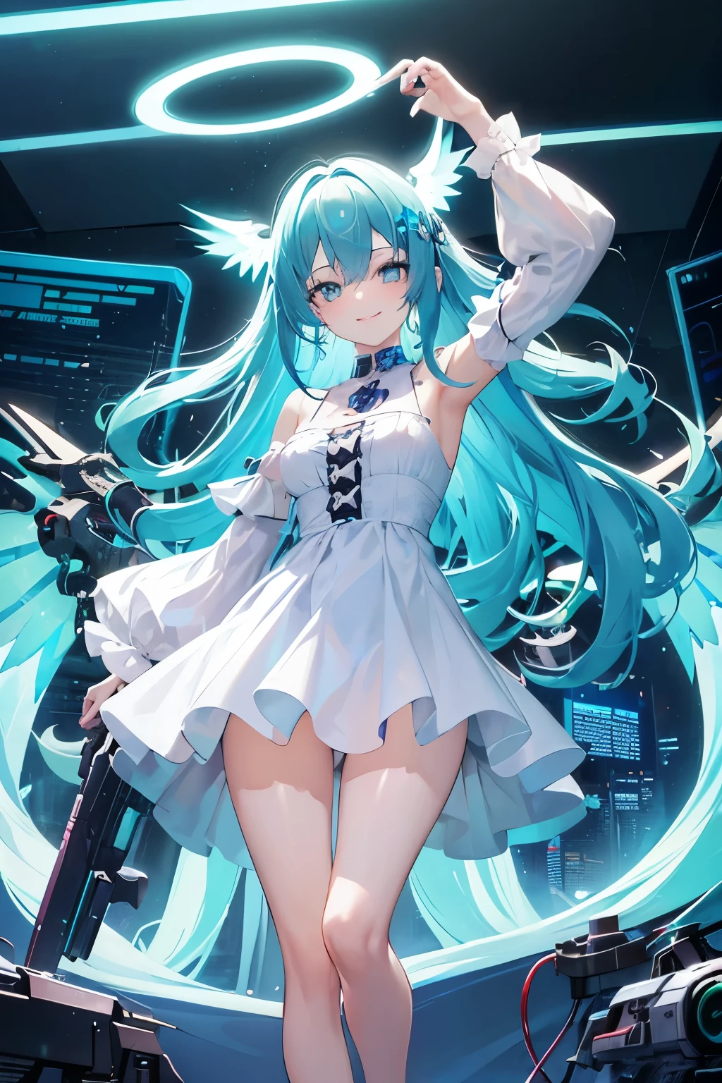 1girl, blue hair, long hair, wavy hair, curly hair, green eyes, cross eyes, smile, can't be this cute, teenage, masterpiece, slender, sidelighting, white dress, off-shoulder dress, bare shoulders, halo, neon lights, ((cyberpunk)), low wings, mechanical wings, artificial wings, female focus, face to below knee