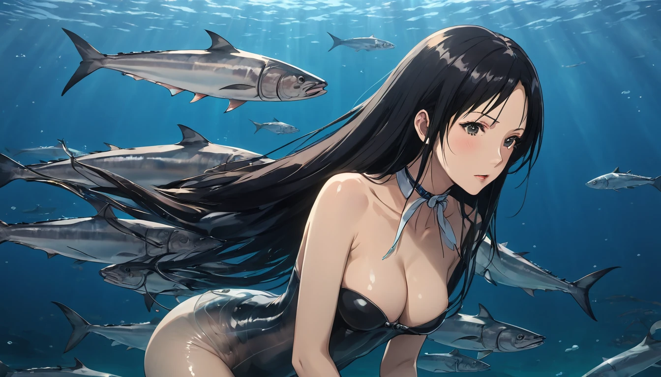 Create an enchanting scene of a highly detailed mature woman (shizuka) with a horny seductive pose detailed face, detailed body, curvy ass, oily skin, symmetric face, cute, belly pin, long black hair, masterpiece, 8k, ultra realistic women underwater gracefully swimming amidst the ocean depths, with sunlight filtering through the water, beauty of this underwater moment, with the girl's flowing hair and the sleek bodies of the remora fishes gliding gracefully alongside her, tied up by tentacles and fuck by graceful remora fishes, sucking remora fishes attached to her breast and suck her nipples, tentacles smoothly drilling her pussy and ass hole making it wider, sucking remora fishes all over her body with their distinctive suction cup mouths, forming a sexual bond.