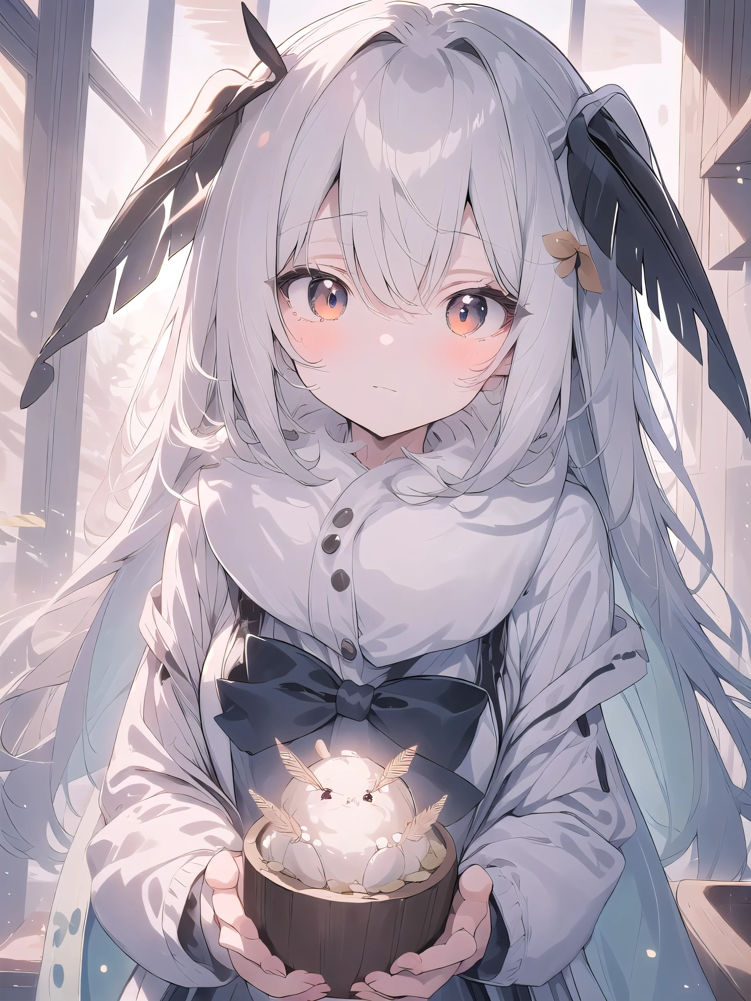 mothgirlcpt, moth antennae, moth wings, 独奏, 1girl, drooping tactile sensation、cute、fluffy、Light production、Silkworm moth,beautiful feathers,Slanted Eyes