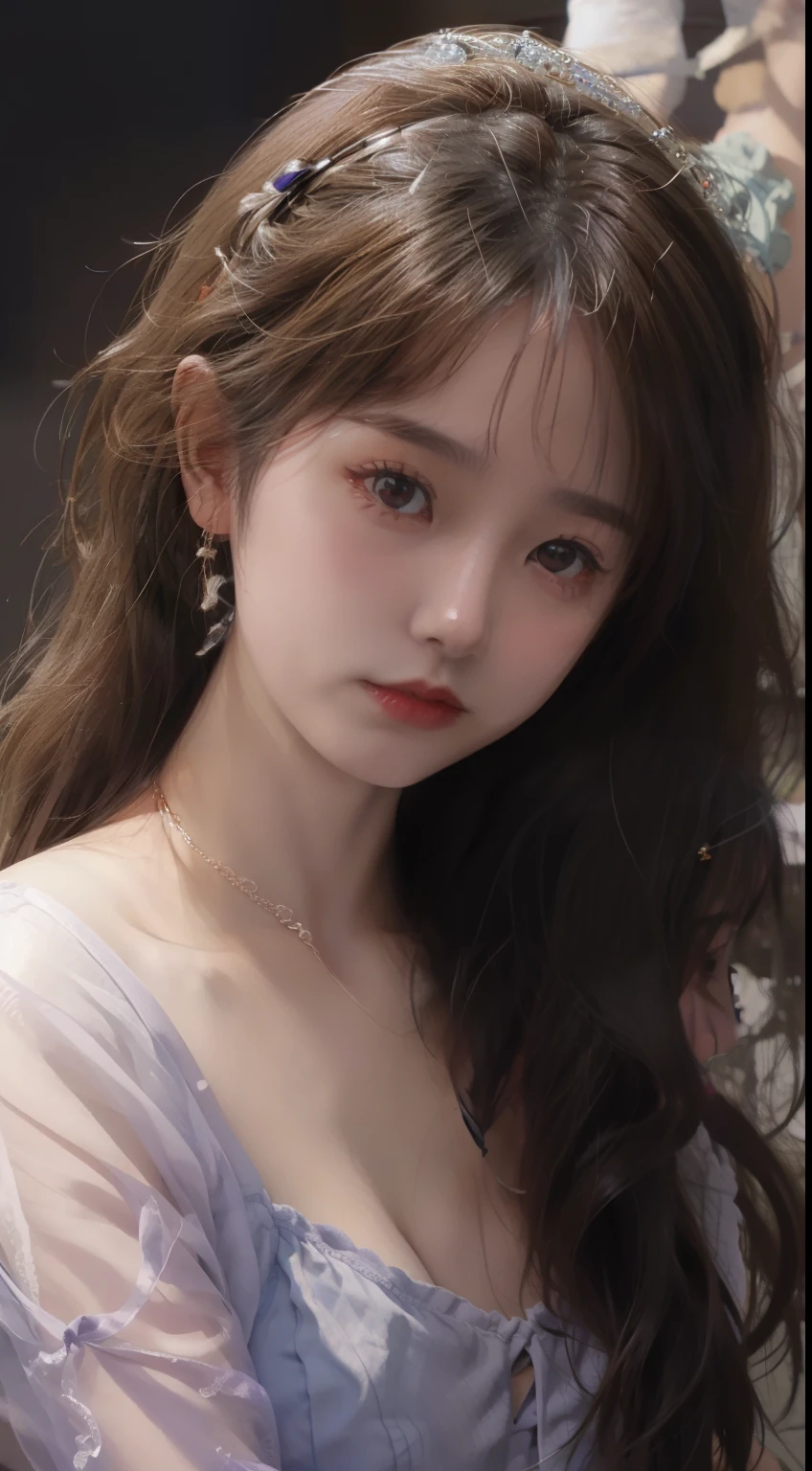 masterpiece,Best image quality,Beautiful bust of a noble girl,Delicate brown pigtails,purple eyes are clear,Decorated with dazzlingly beautiful jewelry(headgear,choker necklace,귀Nipple Ring,bracelet or bangle),soft light,super detailing,upscaled。
