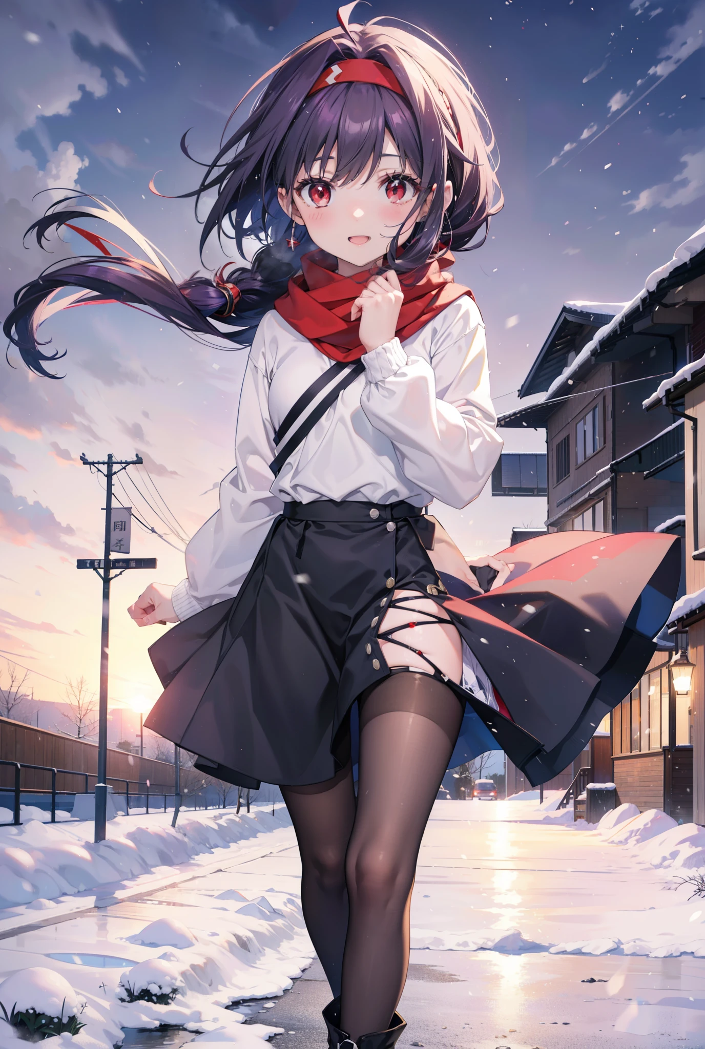 yuukikonno, Konno Yuuki, Long Hair, Pointed Ears, Purple Hair, (Red eyes:1.5), (Small breasts:1.2), Open your mouth,happy smile, smile, Open your mouth,hair band,low twin tail,Red Scarf,Oversized purple sweater,Black pantyhose,Long skirt,short boots,Holding a paper cup of coffee in both hands,Walking,snowが降っている,snowが降り積もっている,snow,snow,snow,snow,snowが積もった木,winter,Cold Sky,night,whole bodyがイラストに入るように,
break looking at viewer, whole body,
break outdoors, Building district,
break (masterpiece:1.2), Highest quality, High resolution, unity 8k wallpaper, (figure:0.8), (Beautiful attention to detail:1.6), Highly detailed face, Perfect lighting, Highly detailed CG, (Perfect hands, Perfect Anatomy),