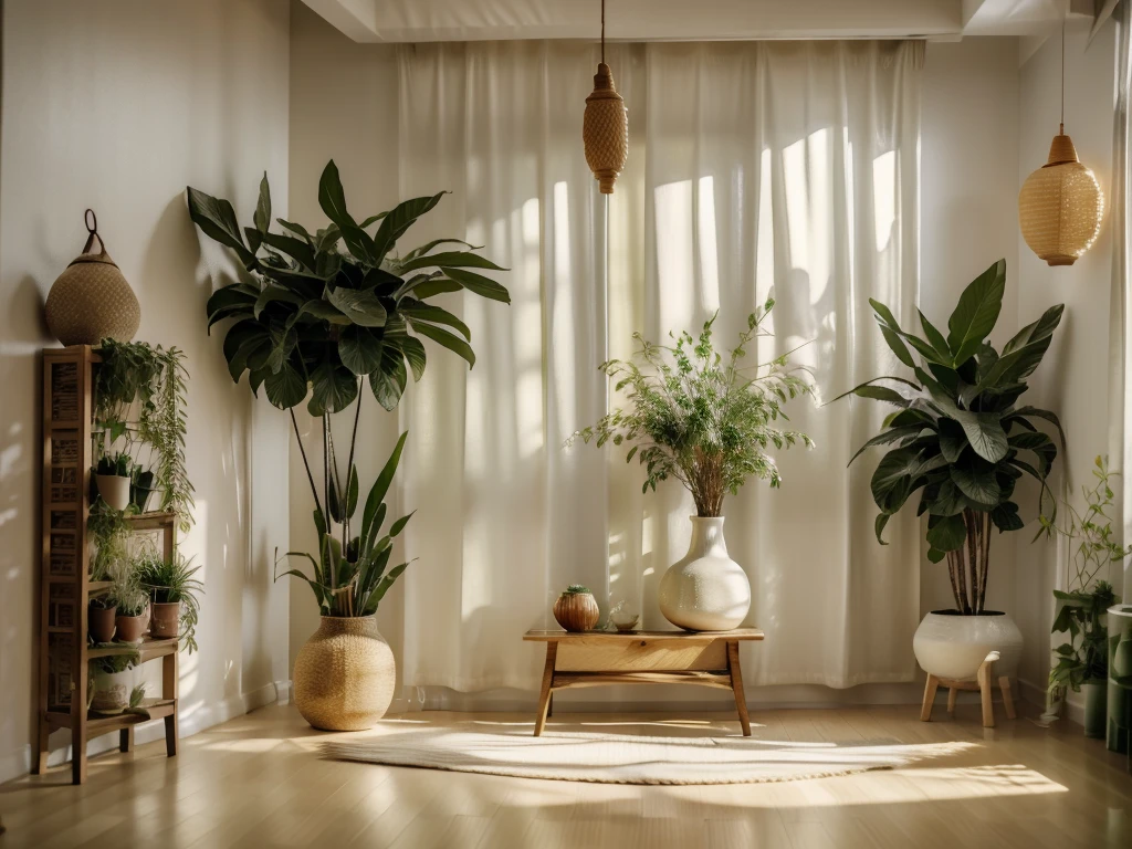 On a light background in the living room、A plant with green leaves arranged in a white vase。There is sunshine、Shadows of leaves are cast。The leaves are close to the screen