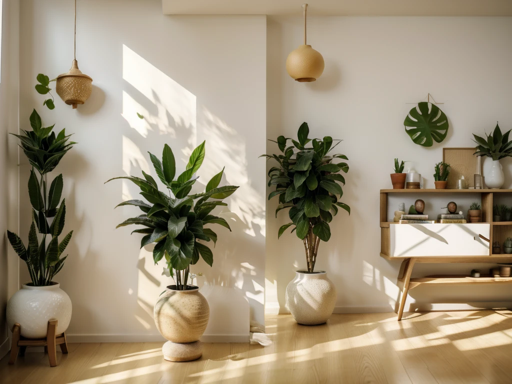 On a light background in the living room、A plant with green leaves arranged in a white vase。There is sunshine、Shadows of leaves are cast。The leaves are close to the screen