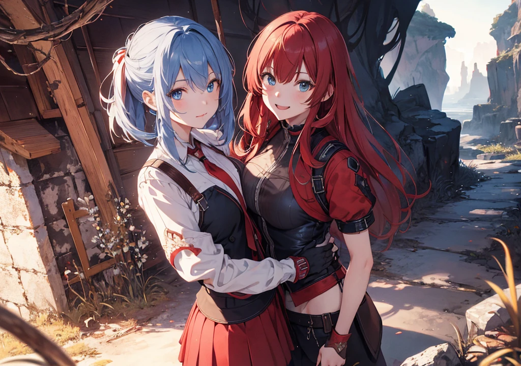 Realistic photos, Focus distance 10mm, Red and white, A big smile, Beautiful girl, Realistic photos, Focus distance 10mmで撮影, masterpiece, 最high quality, high quality, Very detailed CG 8k wallpaper unit, Award-winning photography, Depth of written boundary, High resolution, bloom, chromatic aberration, Realistic, Very detailed, Art Station Trends, CGsociety Trends, Complex, High detail, dramatic, Art on the go, volumetric lighting, Final Fantasy style beautiful girl、Blue Eyes、Red hair shortcuts、Outfit of a brave adventurer、Mysterious cave in the background