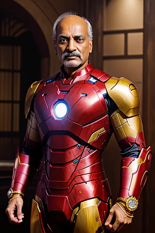 Sardar vallabh bhai patel in iron man suit, make a Realistic portrait and make sardar vallabh bhai patel more realistic