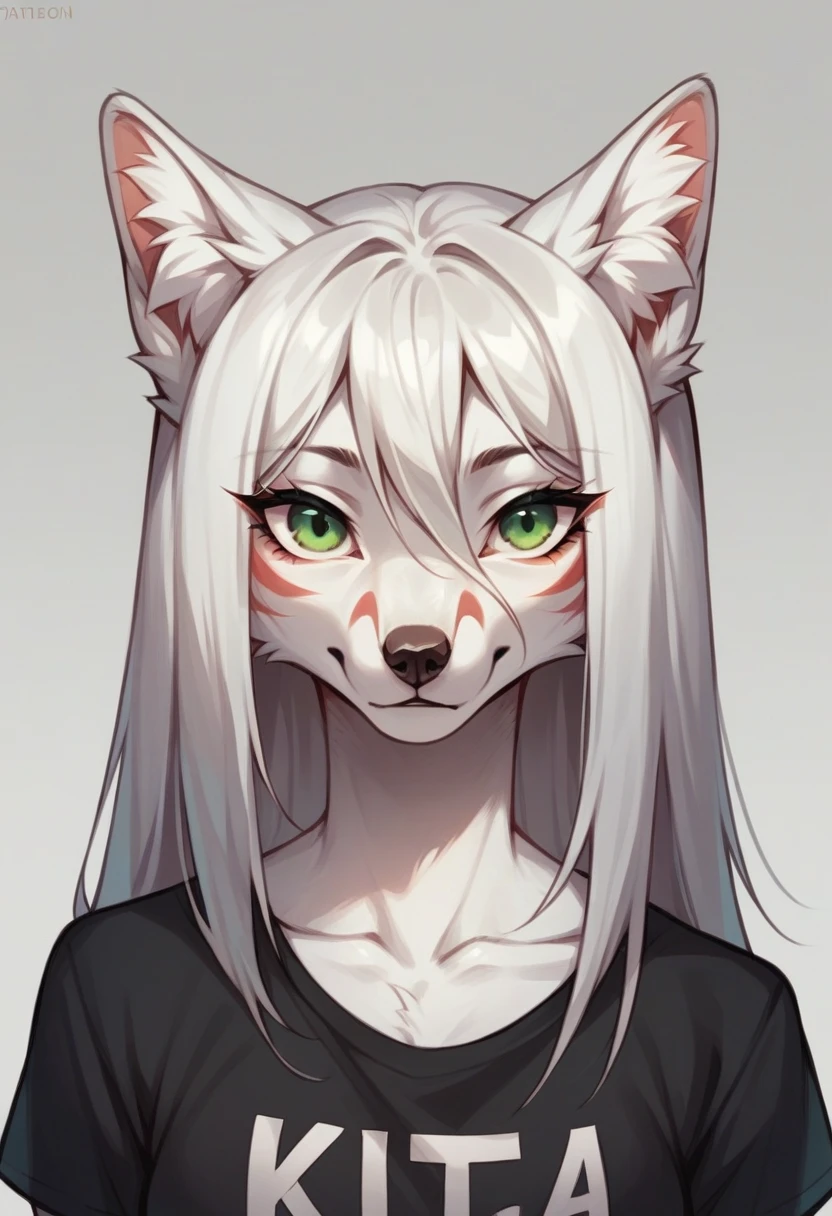 fluffy fox with white fur, girl, green eyes, portrait, Kitsune, in a black T-shirt, long hair