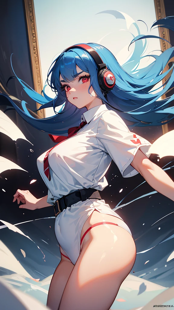 elf, red cheeks, detailed details (face, red eyes, eyebrows, eyelashes) , fighting pause, official art, masterpiece, highest quality, portrait photo of one girl, 14-year-old girl, wearing a fight girl(white transparent shirt, panty) 8k, blue hair( short ), high resolution, ( butt:1.2)(headphones:1.2), (excellent rendering, stands out in its class), (great detail, good lighting, wide angle), breasts (0.5), plump thighs, absolute area, detailed background,