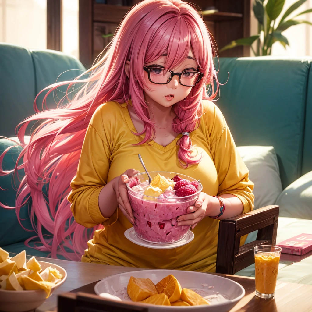 a plump asian girl with pink hair,glasses,yellow shirt and shorts,eating a parfait,detailed facial features,beautiful eyes and lips,detailed skin texture,cute expression,photorealistic,masterpiece,ultra-detailed,studio lighting,vibrant colors,warm lighting,soft focus