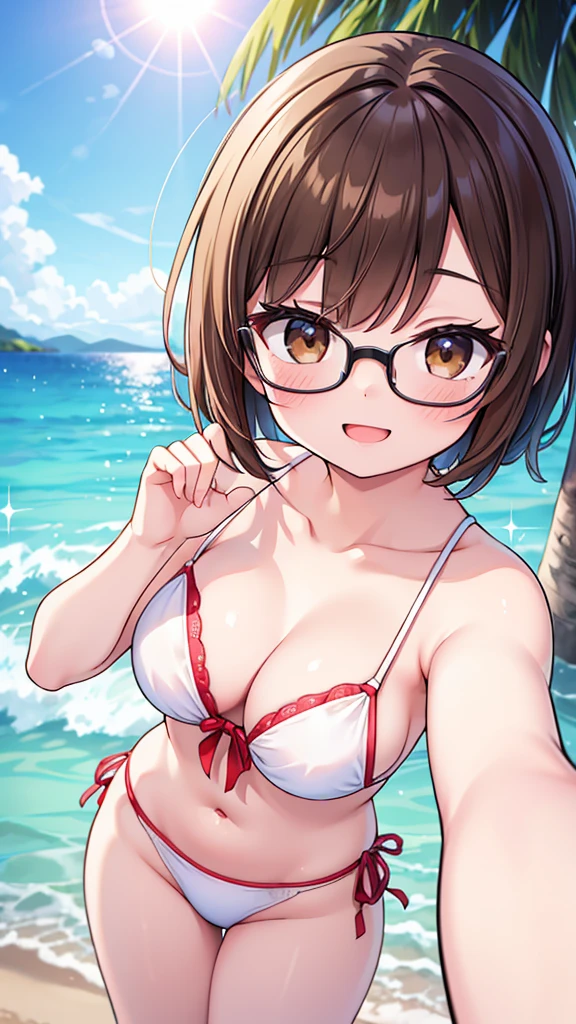 Comical pose、Get excited、fine、fun、smile、mischief、Expectations、surprise、Shyness、Sandy Beach、Midsummer、sun、Ocean、blue sky、Daytime、pretty girl , Shooting from below, One Girl, Brown Hair、Very short hairstyle, Brown eyes、Red frame glasses、White Bikini,Highest quality, 4K, 8k, High resolution, masterpiece:1.2, Very detailed, Realistic, photoRealistic, photo-Realistic:1.37, High resolution, 超High resolution, Studio Lighting, Ultra-fine painting, Sharp focus, Physically Based Rendering, Very detailed説明, Professional, Vibrant colors, Bokeh