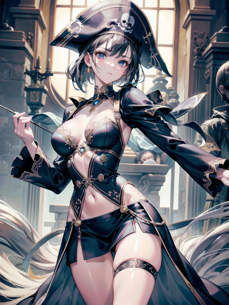 absurdres, RAW photo, extremely delicate and beautiful, masterpiece, Best Quality, ultra high resolution, 32k, hyperrealistic, ultra-detailed, perfect anatomy, super Detailed skin, perfect figure, Super Beauty, Perfect Style, Perfect balance, Beautiful Lighting, Perfect Lightning, Realistic Shadows, 20 years old, very Slim body, narrow waist, very small head, very small face, delicate facial features, handsome detailed woman, very detailed eyes and face, realistic face proportions, Realistic beautiful face, Realistic beautiful eyes, tearful mole, earring, very huge round breasts, legs, medium hair, whole body shot, indoor, (Practical pirate clothing), Long-sleeved pirate top, Skirt,Torn pirate hat,