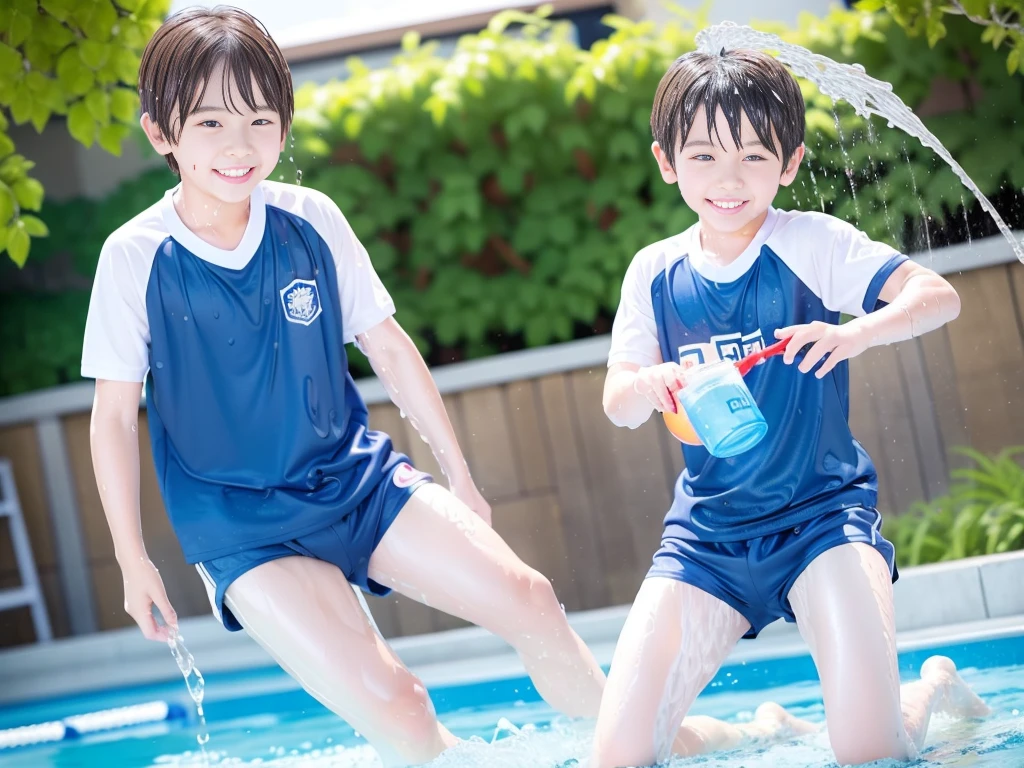 hot summer、、Summer swimming pool、It is sunny、Pouring water on each other、Boys' school、Get wet all over、Japan Boy、Glowing water splashes、Pool lessons、Boy playing in water、The happy boys、Strong sunlight、Short sleeve gym uniform、Blue shorts、barefoot,Boys only 、10age、high resolution、masterpiece