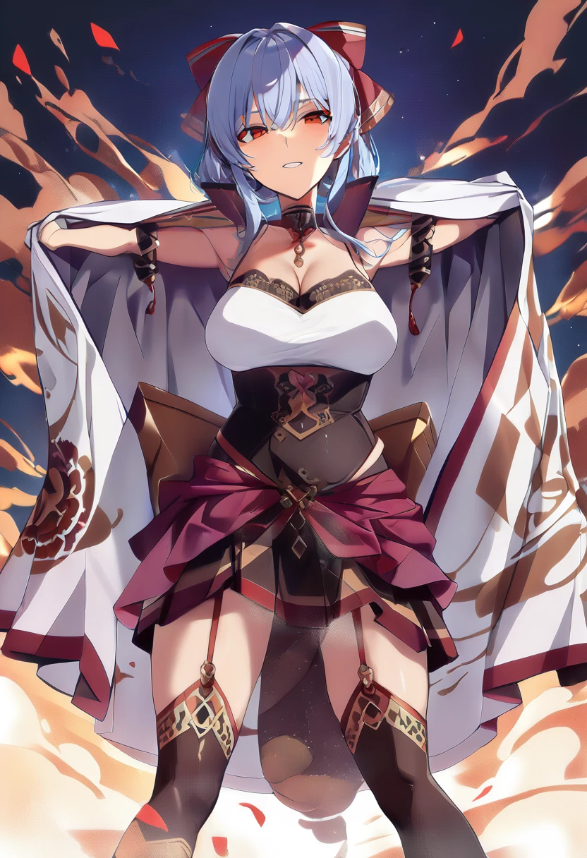 (((nsfw))),(((white sheer fabric fundoshi))),(((white sheer fabric pelvic curtain lifted by self ))),(((wears tabi on feet))),(((white short sleeve kimono tops))),(((Show cleavage))),(double-breasted,underbust:1.2),(((Japanese festival twisted headband)))