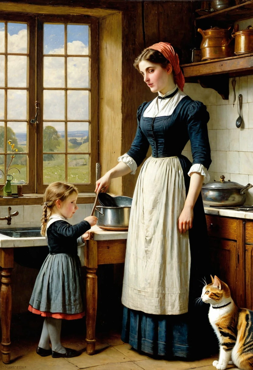painting of a woman and two children in a kitchen with a cat, by Albert Anker, charles sillem lidderdale, b Joseph Clarke, by George Barker, by Sophie Anderson, victorian painting, victorian era painting, by Dorothy Hood, george goodwin kilburne, by Felix Octavius Carr Darley, by Edmund Greacen, by Louise Catherine Breslau