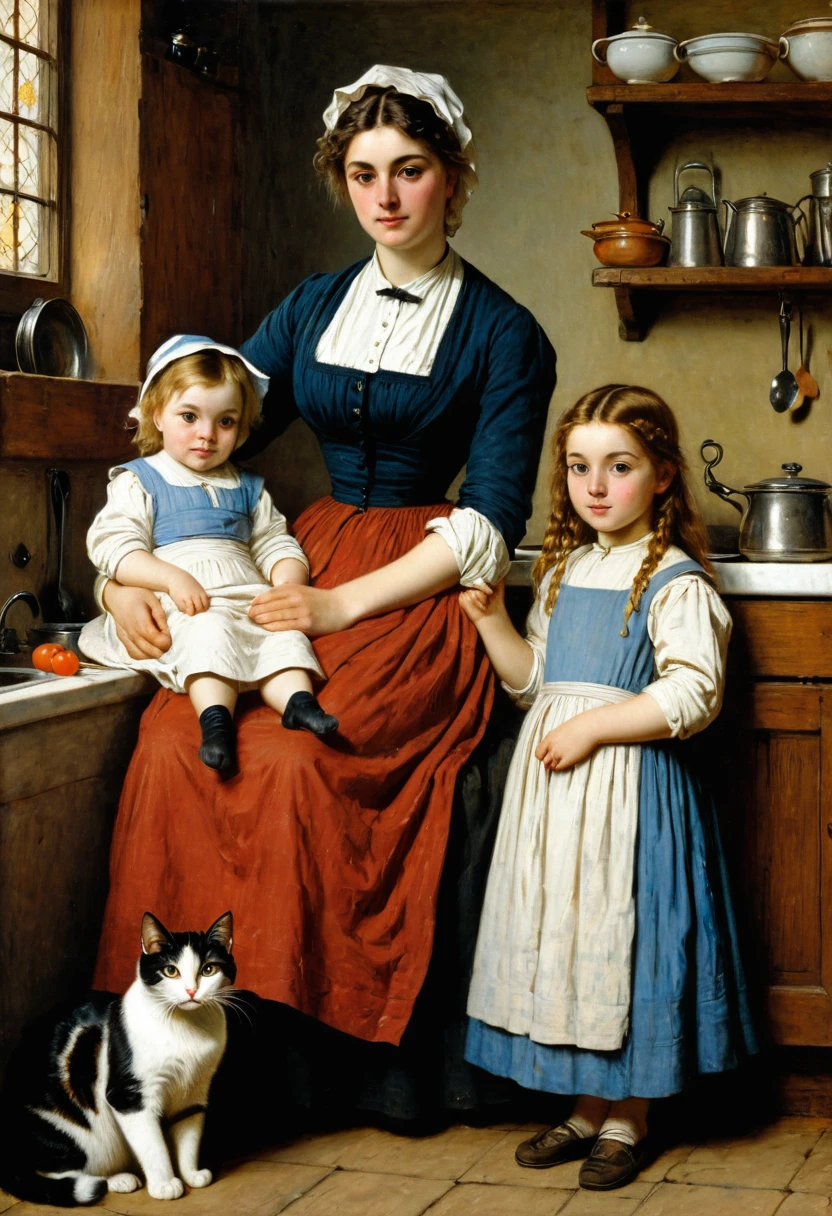 painting of a woman and two children in a kitchen with a cat, by Albert Anker, charles sillem lidderdale, b Joseph Clarke, by George Barker, by Sophie Anderson, victorian painting, victorian era painting, by Dorothy Hood, george goodwin kilburne, by Felix Octavius Carr Darley, by Edmund Greacen, by Louise Catherine Breslau