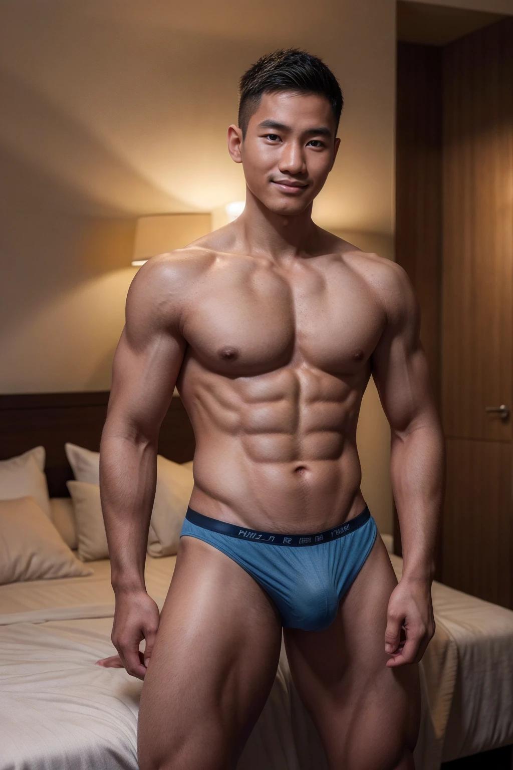 boy, (Black Eyes), happy smile,Thai boy,s old,Wear glasses,man hot nerd,young, firm body, slender, skinny boy body build build, child-like,White Teenage boy,Close-up photo,full body photo ,RAW Photo,photo of a hansome man,alpha male, huge biceps, ripped abs,((face and upper body focus:1.3)), (masculine:1.4), (romantic lighting:1.3), (sexy pose:1.2),(muscular:1.5),(black hair:1.5 ),(Skin Wrinkles:1.5),(full body portrait:1.5),(skin glow:0.5),arafed teenager boy male, cute face angelical face, posing on a bed, prefect body, sporty physique, blue undergarments, model with attractive body, attractive sporty physique, smooth body features, mid-shot of a hunky, attractive body, photorealistic perfect body, beautiful handsome body, smooth blue skin, sexy masculine, perfect and proportional body, wearing blue colors micro thong with medium bulge,pale skin, skinny, good lighting, very pale skin, light skin, model with attractive body,medium bulge and medium butts,(Best quality, 8k, Masterpiece). High Detail , superior quality, natural lighting, beautiful, sexy, correct anatomy, good composition,realistic shapes, realistic skin tones,Natural eyes,realistic eyes,looking up at viewer,vpl,realistic muscles,Realistic wrinkles on the skin,Realistic arms and legs,Realistic face,realistic hair,Make a sexy and seductive face, Clear Focus: 1.2, Perfect Body virile: 1.4 , Slender Abs: 1.2, Highly detailed face and skin texture, detailed eyes, double eyelids, big upper lip, man focus,amazing composition, front view, HDR, volumetric lighting, ultra quality, elegant,Post a erotic photoshoot,Realistic pose,detailed hair,full body,Fujifilm XT3 photorealistic art by midjourney