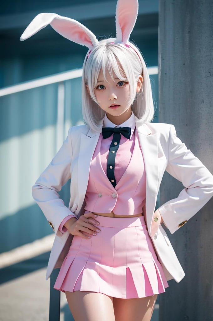 Bunny ears Girl White hair Wearing a blazer The color of the skirt is pink