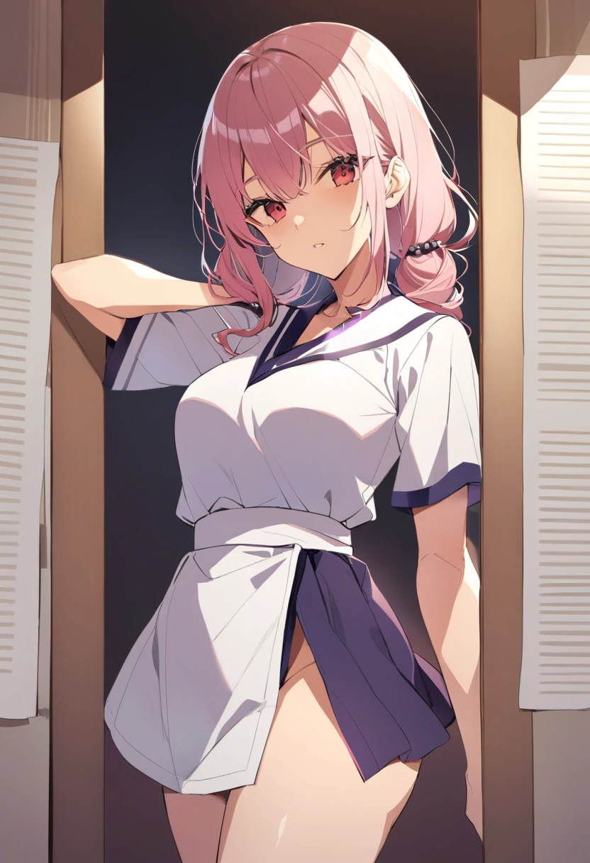 (((nsfw))),(((white sheer fabric fundoshi))),(((white sheer fabric pelvic curtain))),(((pelvic curtain lifted by self ))),(((wears tabi on feet))),(((white short sleeve kimono tops))),(((Show cleavage))),(double-breasted,underbust:1.2),(((Japanese festival twisted headband)))