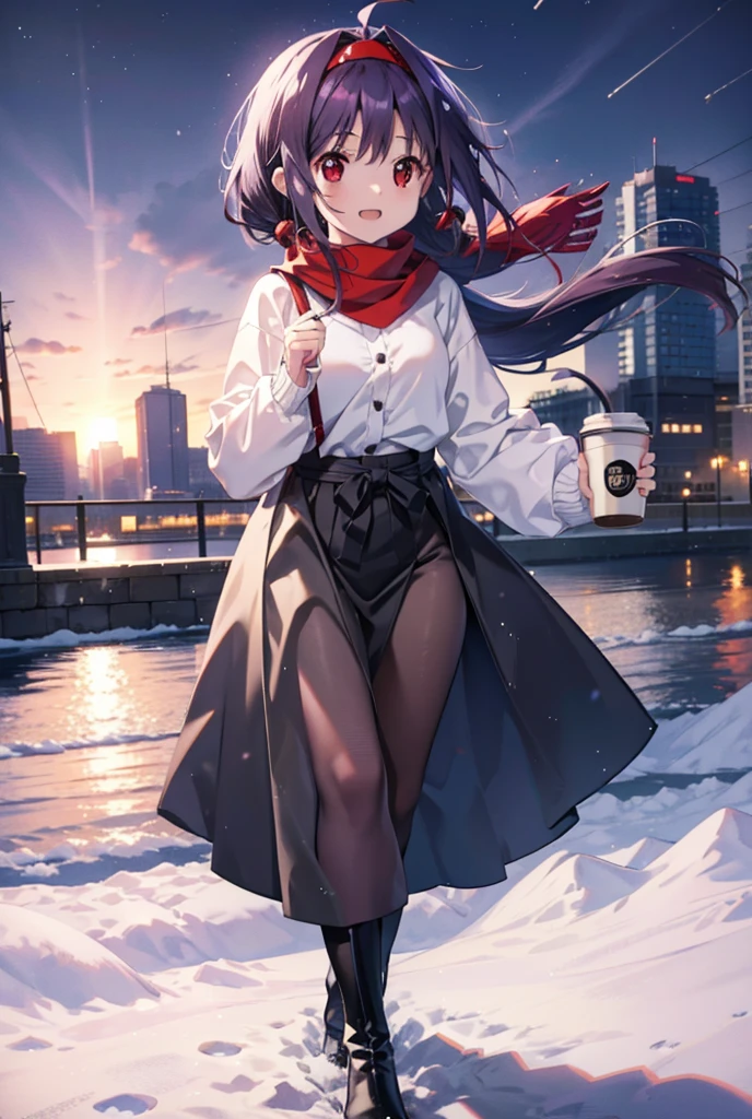 yuukikonno, Konno Yuuki, Long Hair, Pointed Ears, Purple Hair, (Red eyes:1.5), (Small breasts:1.2), Open your mouth,happy smile, smile, Open your mouth,hair band,low twin tail,Red Scarf,Oversized purple sweater,Black pantyhose,Long skirt,short boots,Holding a paper cup of coffee in both hands,Walking,snowが降っている,snowが降り積もっている,snow,snow,snow,snow,snowが積もった木,winter,Cold Sky,night,whole bodyがイラストに入るように,
break looking at viewer, whole body,
break outdoors, Building district,
break (masterpiece:1.2), Highest quality, High resolution, unity 8k wallpaper, (figure:0.8), (Beautiful attention to detail:1.6), Highly detailed face, Perfect lighting, Highly detailed CG, (Perfect hands, Perfect Anatomy),