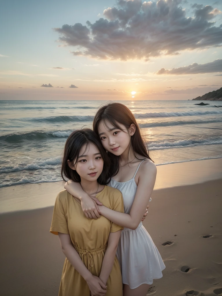 In thai novel art style A couple safic of Two young adult South Korean women with height differences. The oldest in her twenty-eight with her black hair and shorter height and the youngest with her twenty-four years being more than his girlfriend. Embraced on the shore between sand and sea, they smile like a couple in love while the orange sunset sun illuminates their faces, which are enveloped by the beige colors of the sunset.